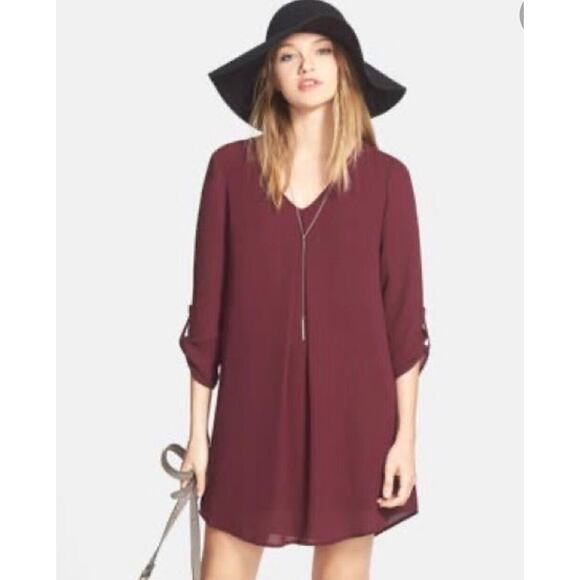 Lush Inverted Pleat V-Neck Plum Drapey Shirt Tail Dress 3/4 Tab Sleeves XS - Picture 1 of 11